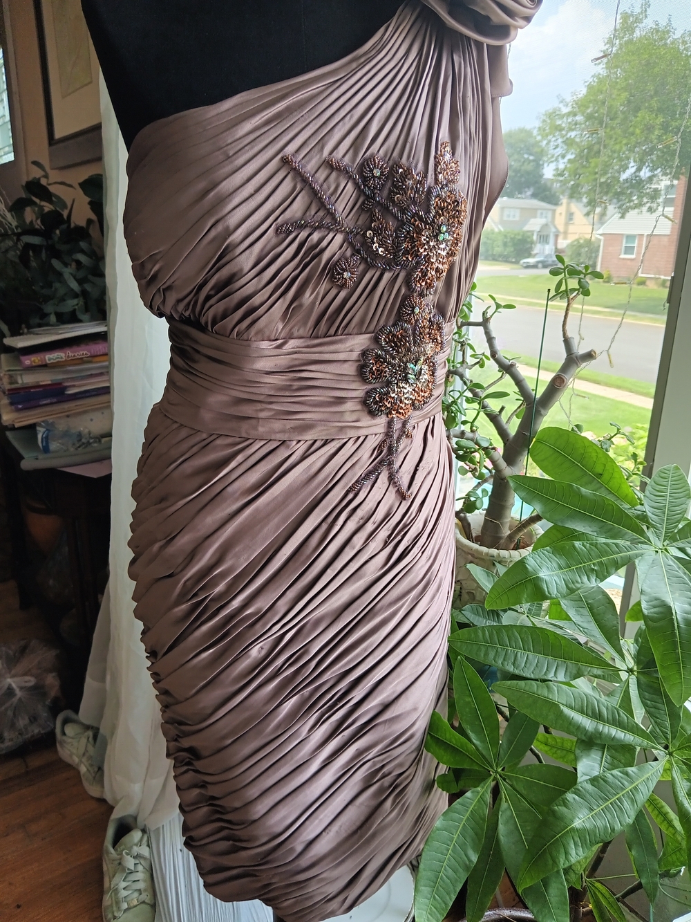 Annabelle One-Shoulder Ruched Dress in Taupe with Beaded Appliqué